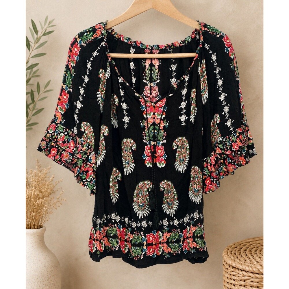 Bila Black Floral Peasant Blouse V-Neck Ruffle Flutter Sleeve Womens Size S